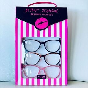 NWT 3 Pack 1.50 Betsey Johnson Premium Cat-Eye Reading Glasses Black Brown Pink